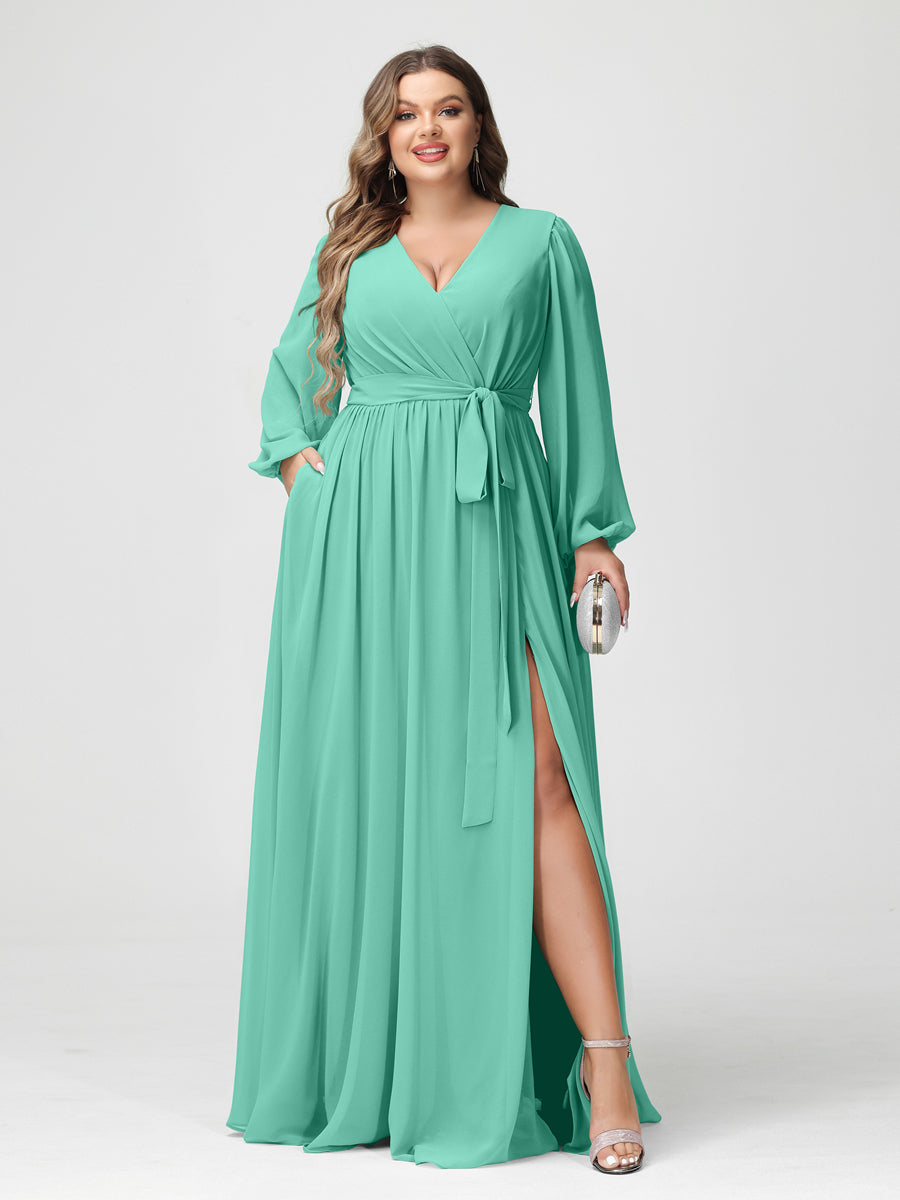 A-Line/Princess V-Neck Long Sleeves Chiffon Plus Size Bridesmaid Dresses with Pockets - Image 62