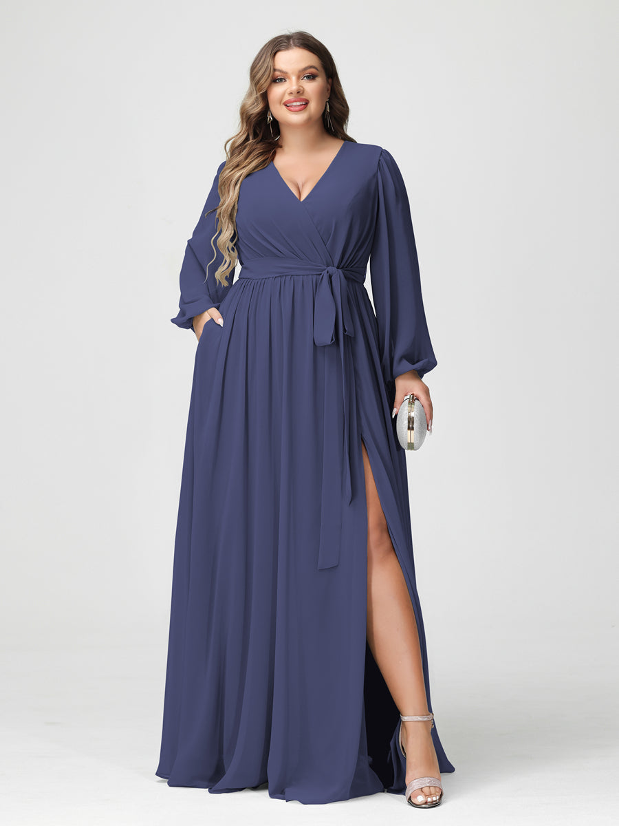 A-Line/Princess V-Neck Long Sleeves Chiffon Plus Size Bridesmaid Dresses with Pockets - Image 57