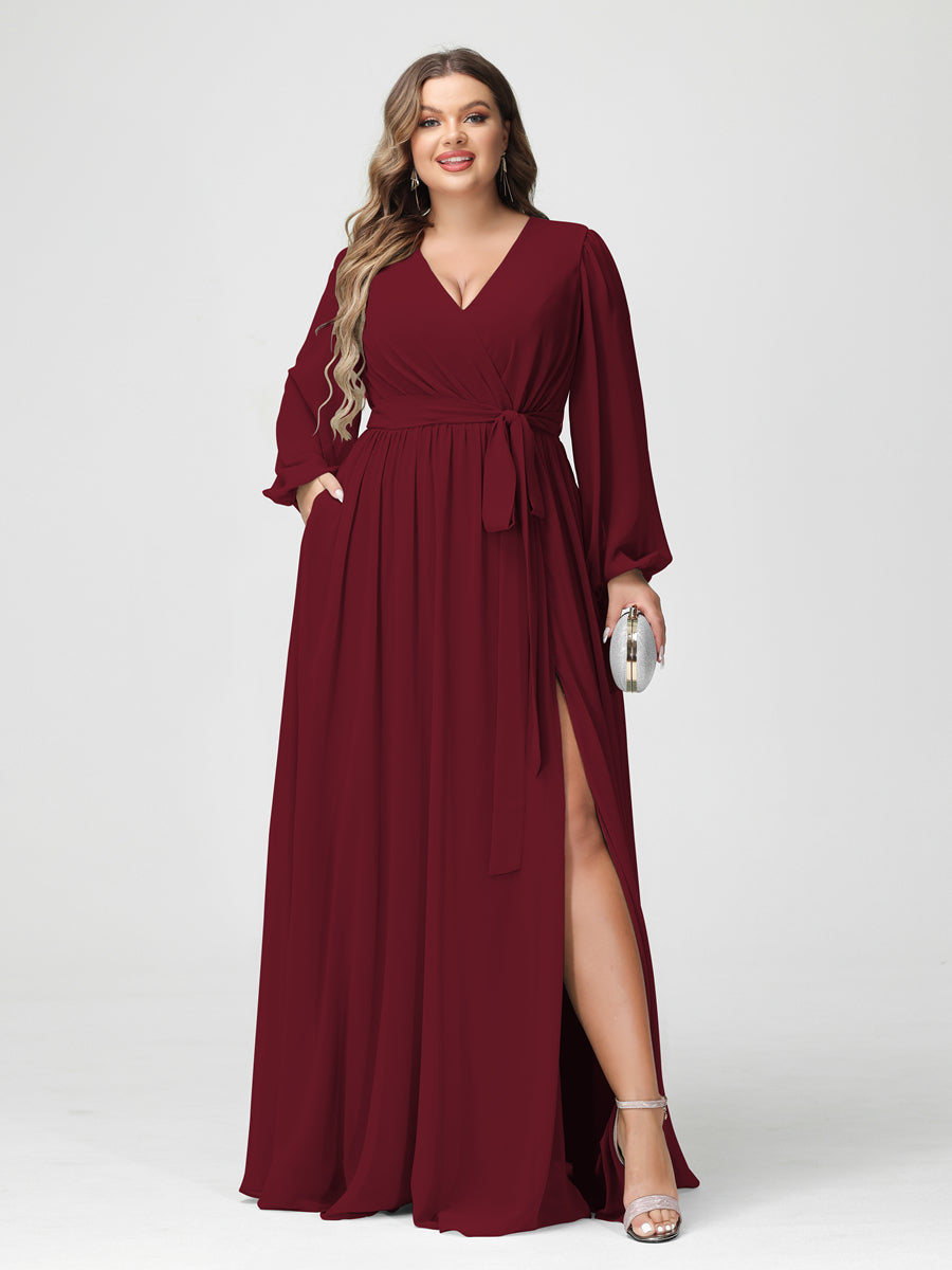 A-Line/Princess V-Neck Long Sleeves Chiffon Plus Size Bridesmaid Dresses with Pockets - Image 37