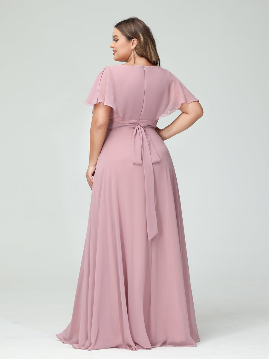 A-Line/Princess V-Neck Short Sleeves Chiffon Plus Size Bridesmaid Dresses with Pockets - Image 2
