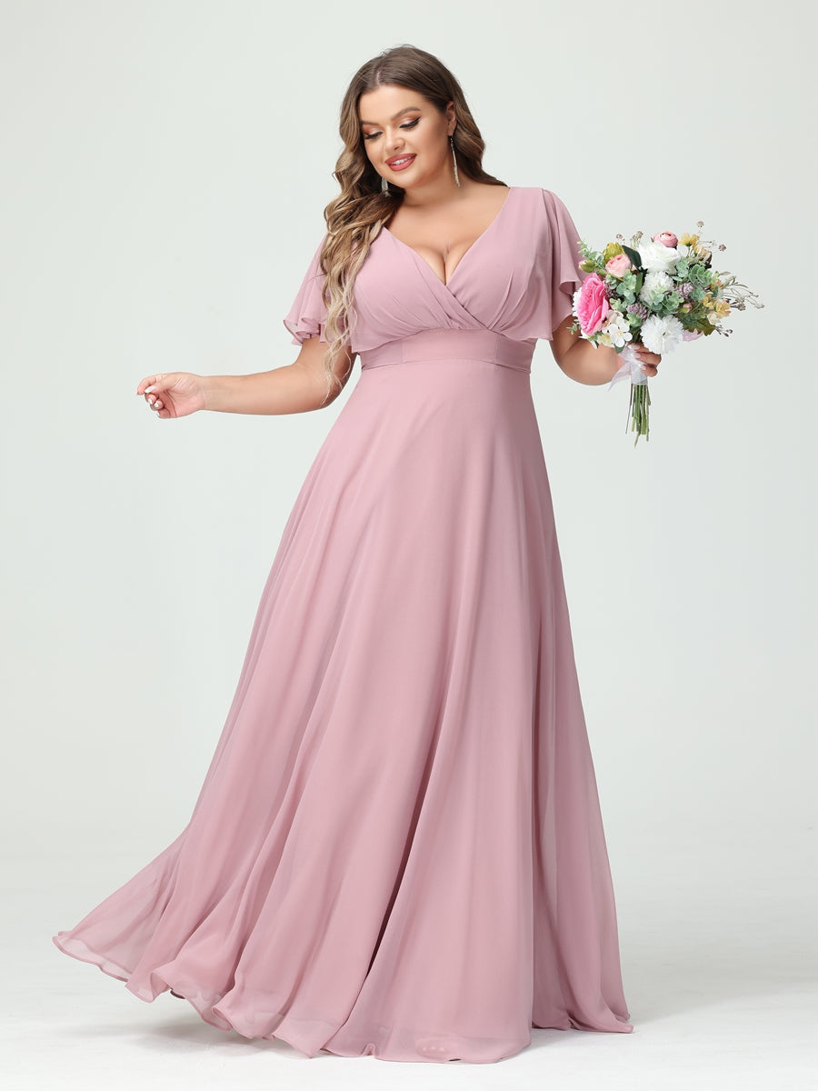 A-Line/Princess V-Neck Short Sleeves Chiffon Plus Size Bridesmaid Dresses with Pockets - Image 3
