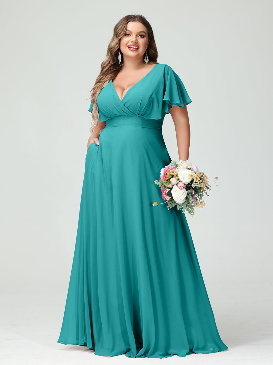 A-Line/Princess V-Neck Short Sleeves Chiffon Plus Size Bridesmaid Dresses with Pockets - Image 52