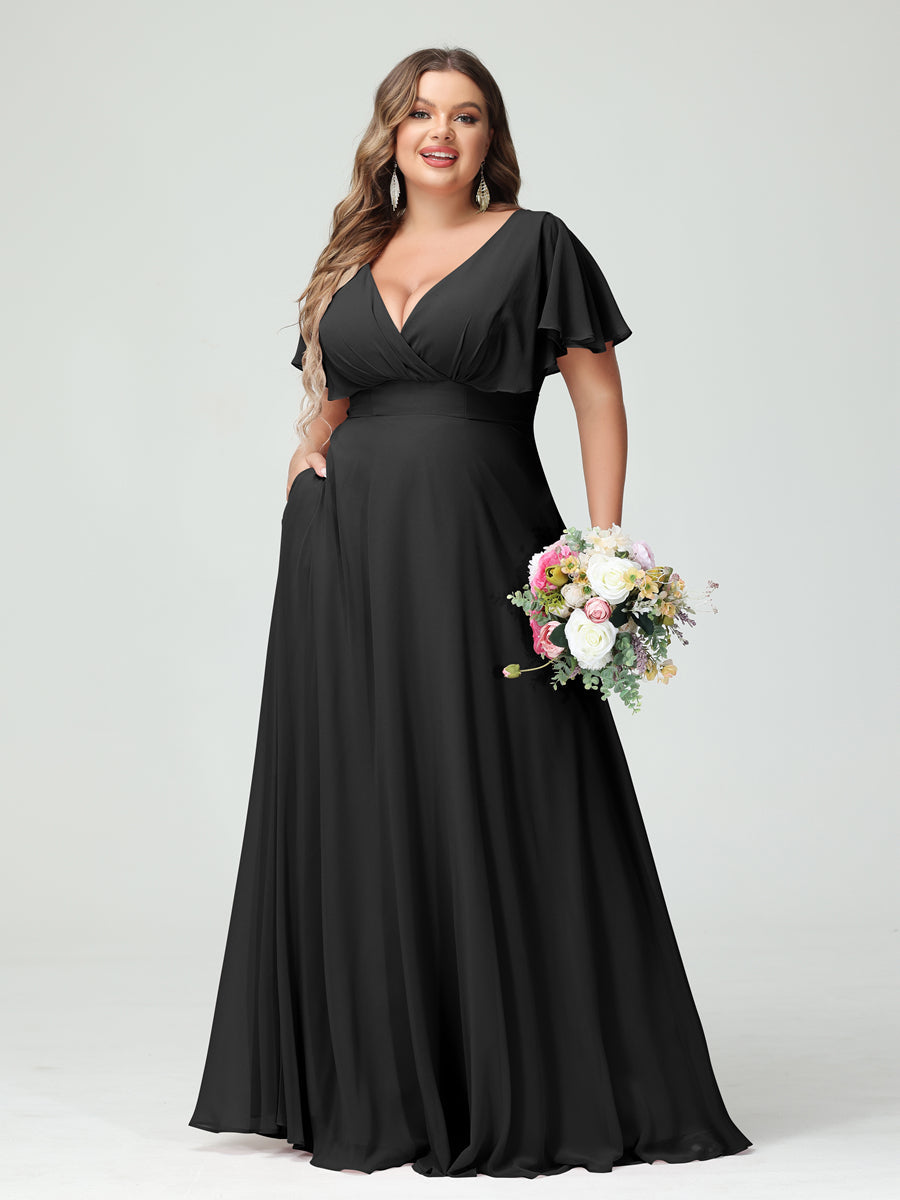 A-Line/Princess V-Neck Short Sleeves Chiffon Plus Size Bridesmaid Dresses with Pockets - Image 18