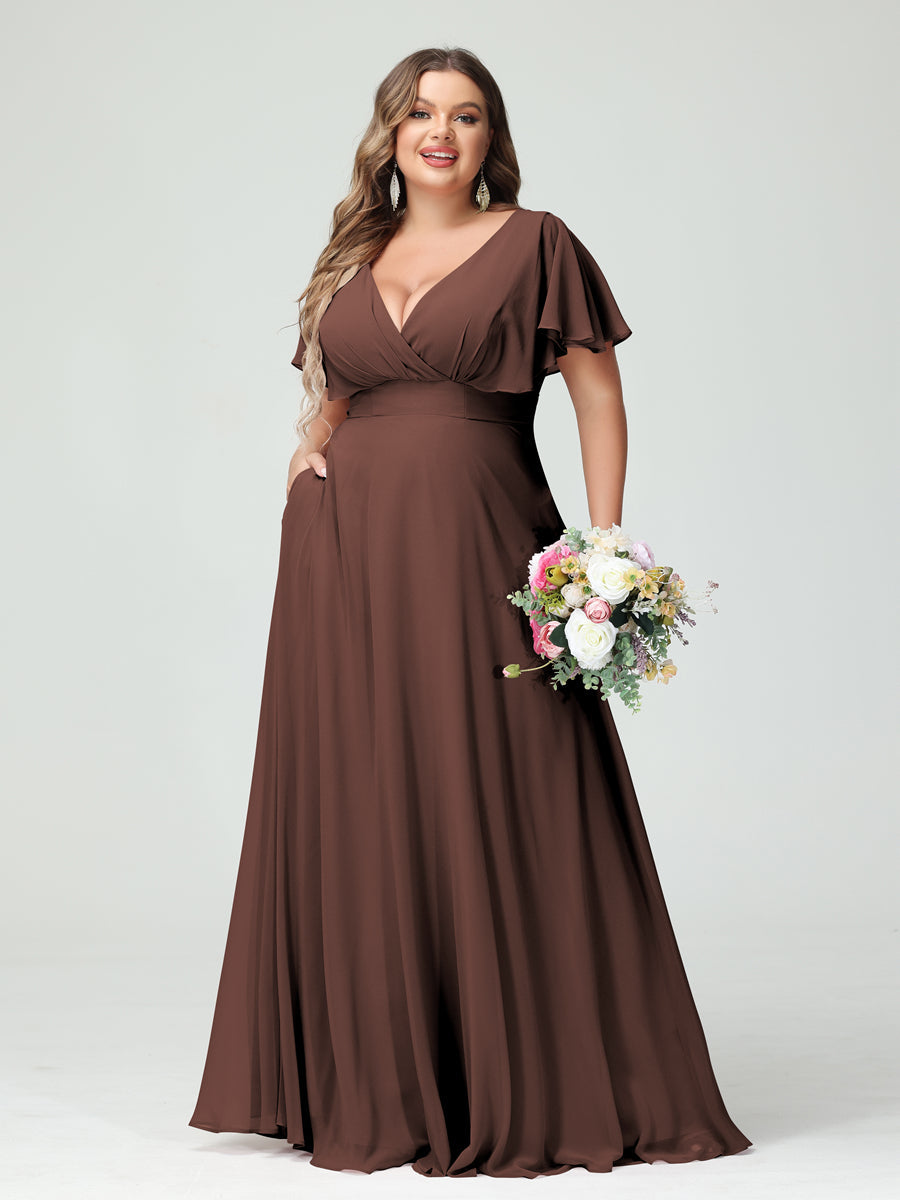 A-Line/Princess V-Neck Short Sleeves Chiffon Plus Size Bridesmaid Dresses with Pockets - Image 76