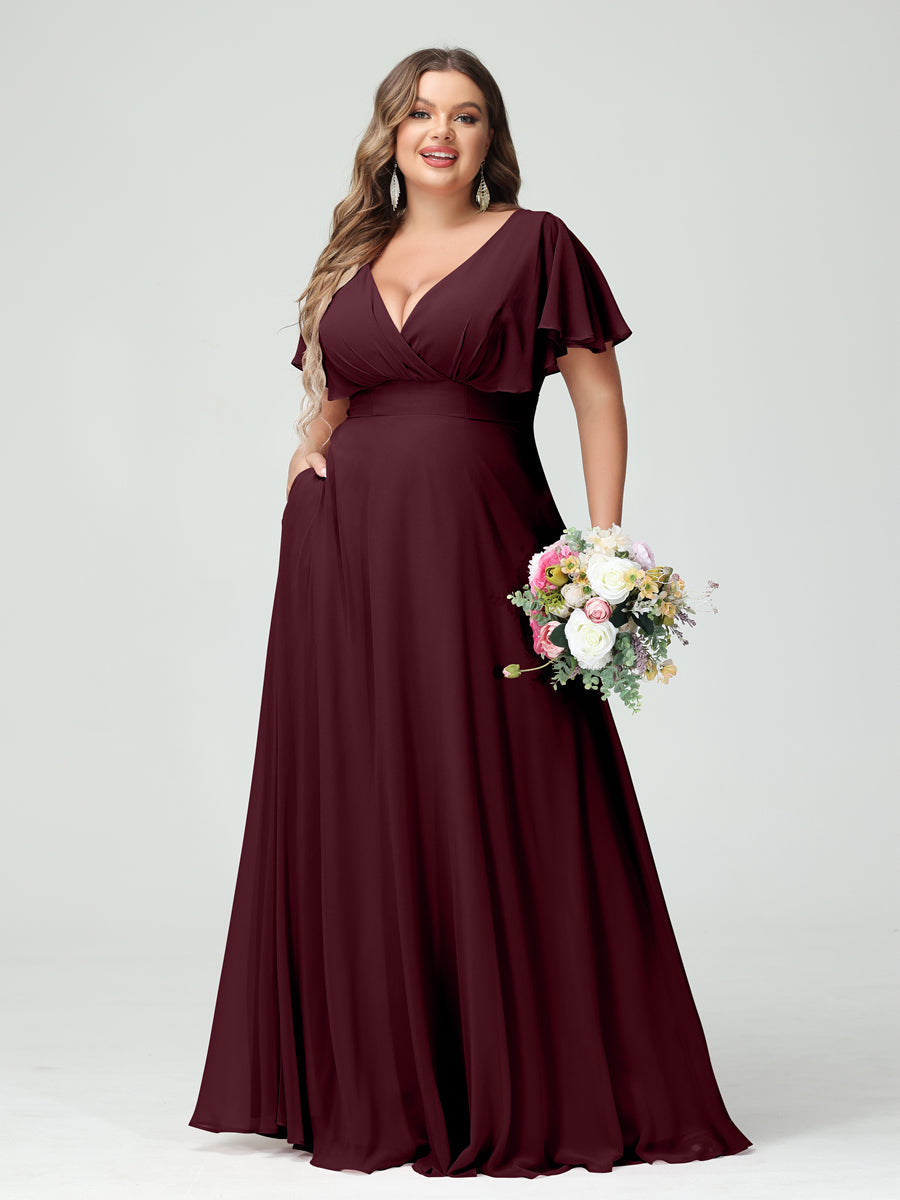 A-Line/Princess V-Neck Short Sleeves Chiffon Plus Size Bridesmaid Dresses with Pockets - Image 12