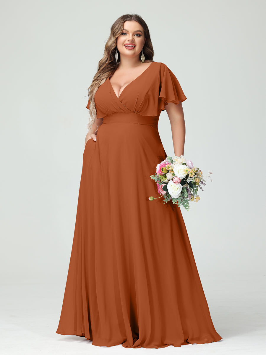 A-Line/Princess V-Neck Short Sleeves Chiffon Plus Size Bridesmaid Dresses with Pockets - Image 9