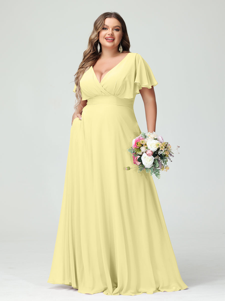 A-Line/Princess V-Neck Short Sleeves Chiffon Plus Size Bridesmaid Dresses with Pockets - Image 69