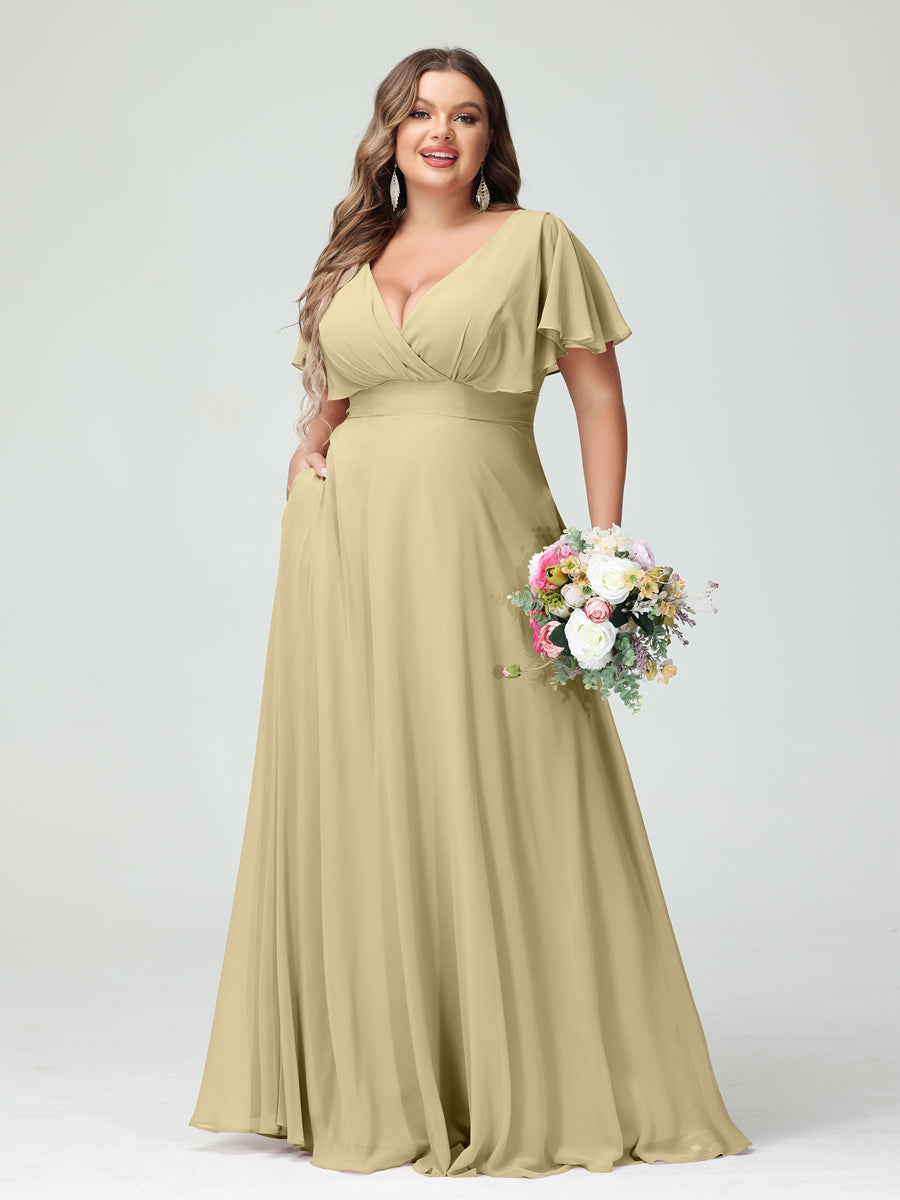 A-Line/Princess V-Neck Short Sleeves Chiffon Plus Size Bridesmaid Dresses with Pockets - Image 24