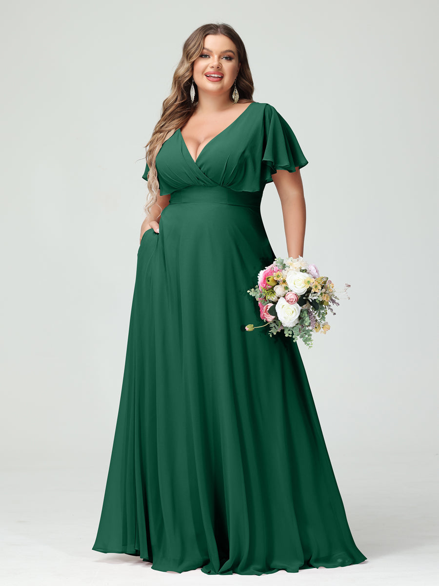 A-Line/Princess V-Neck Short Sleeves Chiffon Plus Size Bridesmaid Dresses with Pockets - Image 11