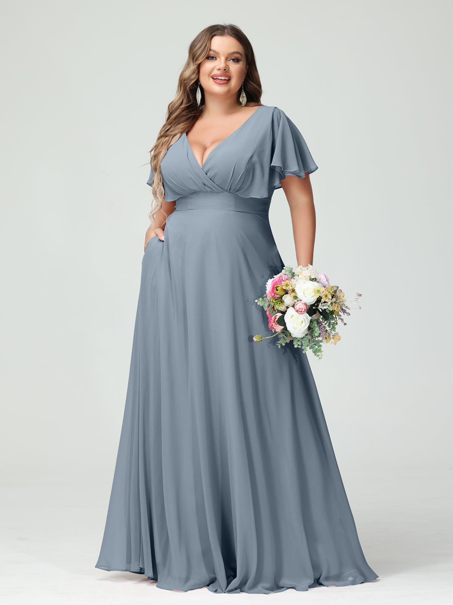A-Line/Princess V-Neck Short Sleeves Chiffon Plus Size Bridesmaid Dresses with Pockets - Image 8