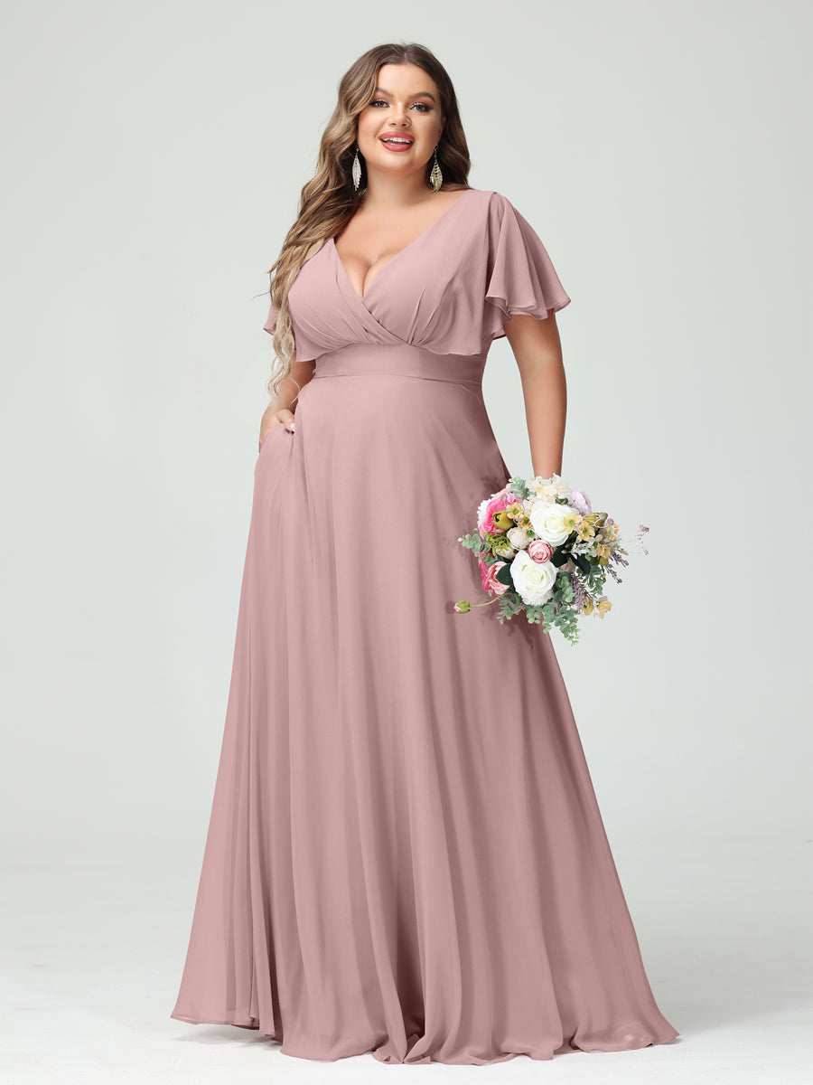 A-Line/Princess V-Neck Short Sleeves Chiffon Plus Size Bridesmaid Dresses with Pockets - Image 30