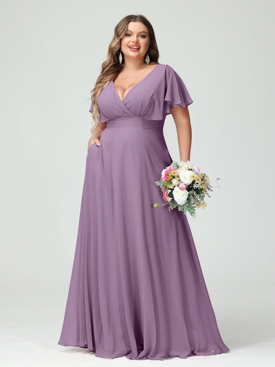 A-Line/Princess V-Neck Short Sleeves Chiffon Plus Size Bridesmaid Dresses with Pockets - Image 40