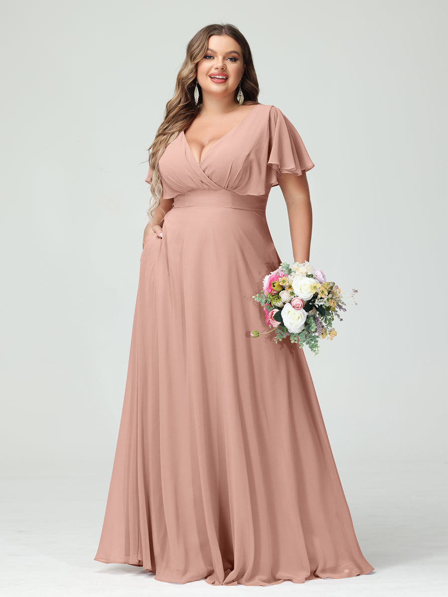 A-Line/Princess V-Neck Short Sleeves Chiffon Plus Size Bridesmaid Dresses with Pockets - Image 7