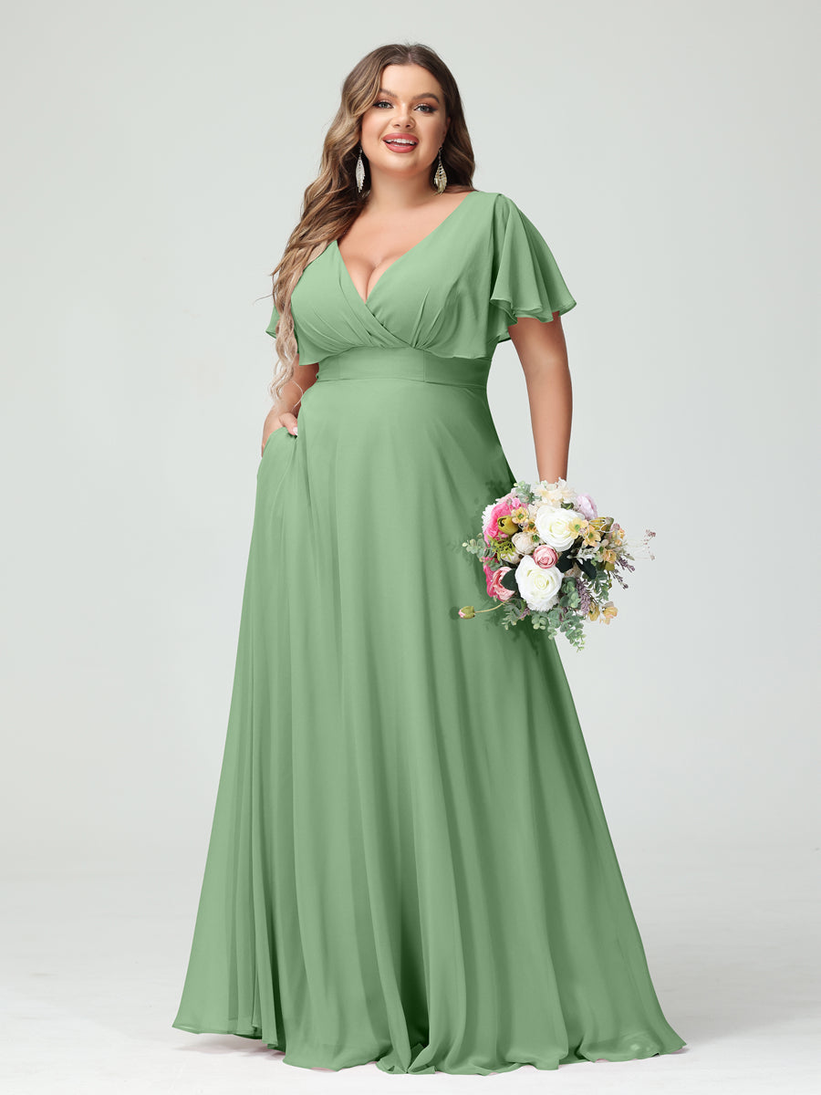 A-Line/Princess V-Neck Short Sleeves Chiffon Plus Size Bridesmaid Dresses with Pockets - Image 16