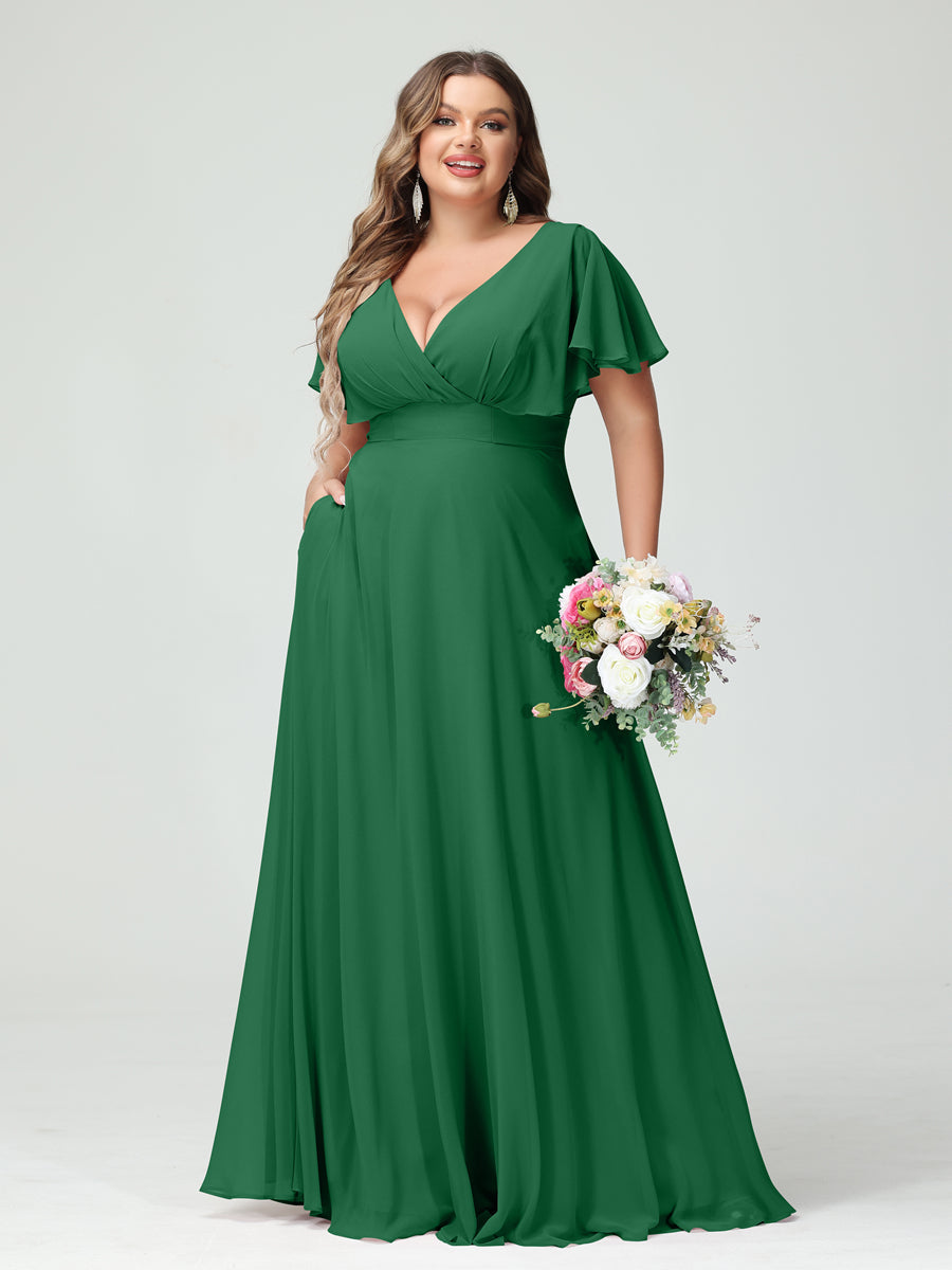 A-Line/Princess V-Neck Short Sleeves Chiffon Plus Size Bridesmaid Dresses with Pockets - Image 67