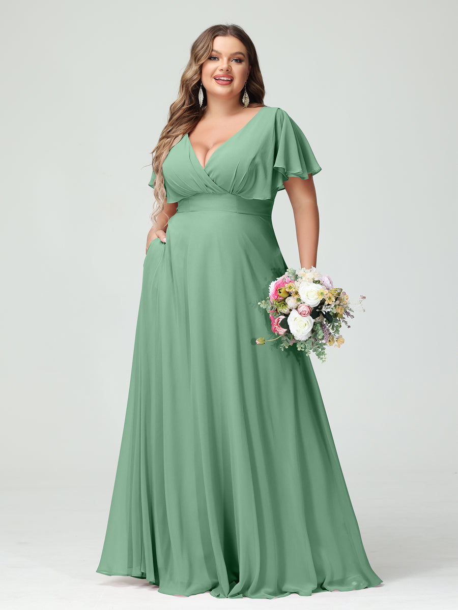 A-Line/Princess V-Neck Short Sleeves Chiffon Plus Size Bridesmaid Dresses with Pockets - Image 17