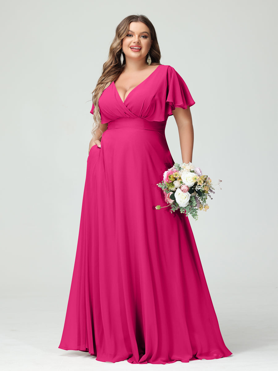 A-Line/Princess V-Neck Short Sleeves Chiffon Plus Size Bridesmaid Dresses with Pockets - Image 34