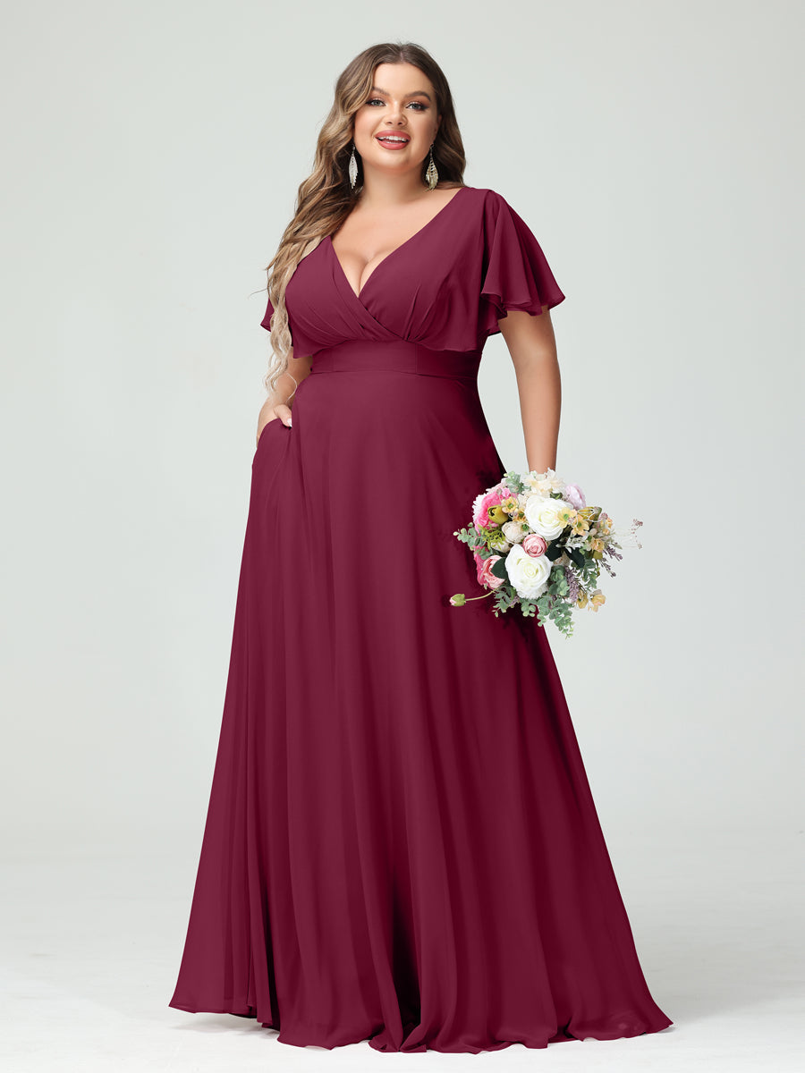 A-Line/Princess V-Neck Short Sleeves Chiffon Plus Size Bridesmaid Dresses with Pockets - Image 38