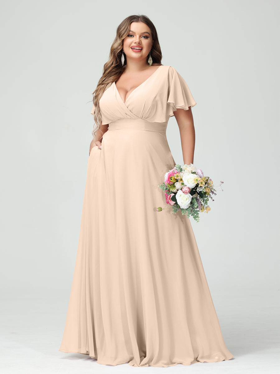 A-Line/Princess V-Neck Short Sleeves Chiffon Plus Size Bridesmaid Dresses with Pockets - Image 23