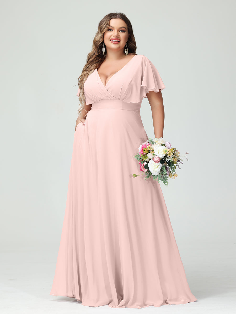 A-Line/Princess V-Neck Short Sleeves Chiffon Plus Size Bridesmaid Dresses with Pockets - Image 27
