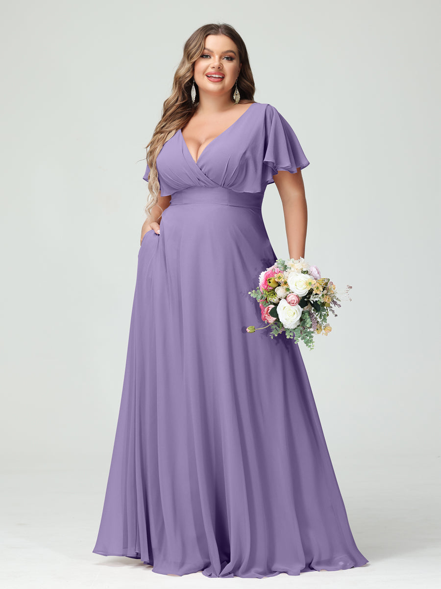 A-Line/Princess V-Neck Short Sleeves Chiffon Plus Size Bridesmaid Dresses with Pockets - Image 41