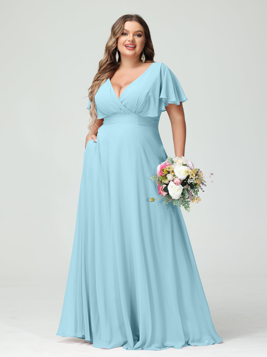 A-Line/Princess V-Neck Short Sleeves Chiffon Plus Size Bridesmaid Dresses with Pockets - Image 49