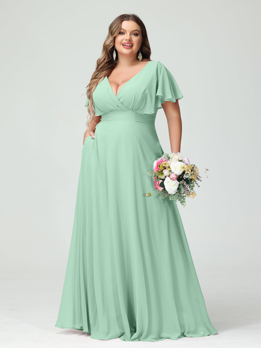 A-Line/Princess V-Neck Short Sleeves Chiffon Plus Size Bridesmaid Dresses with Pockets - Image 61