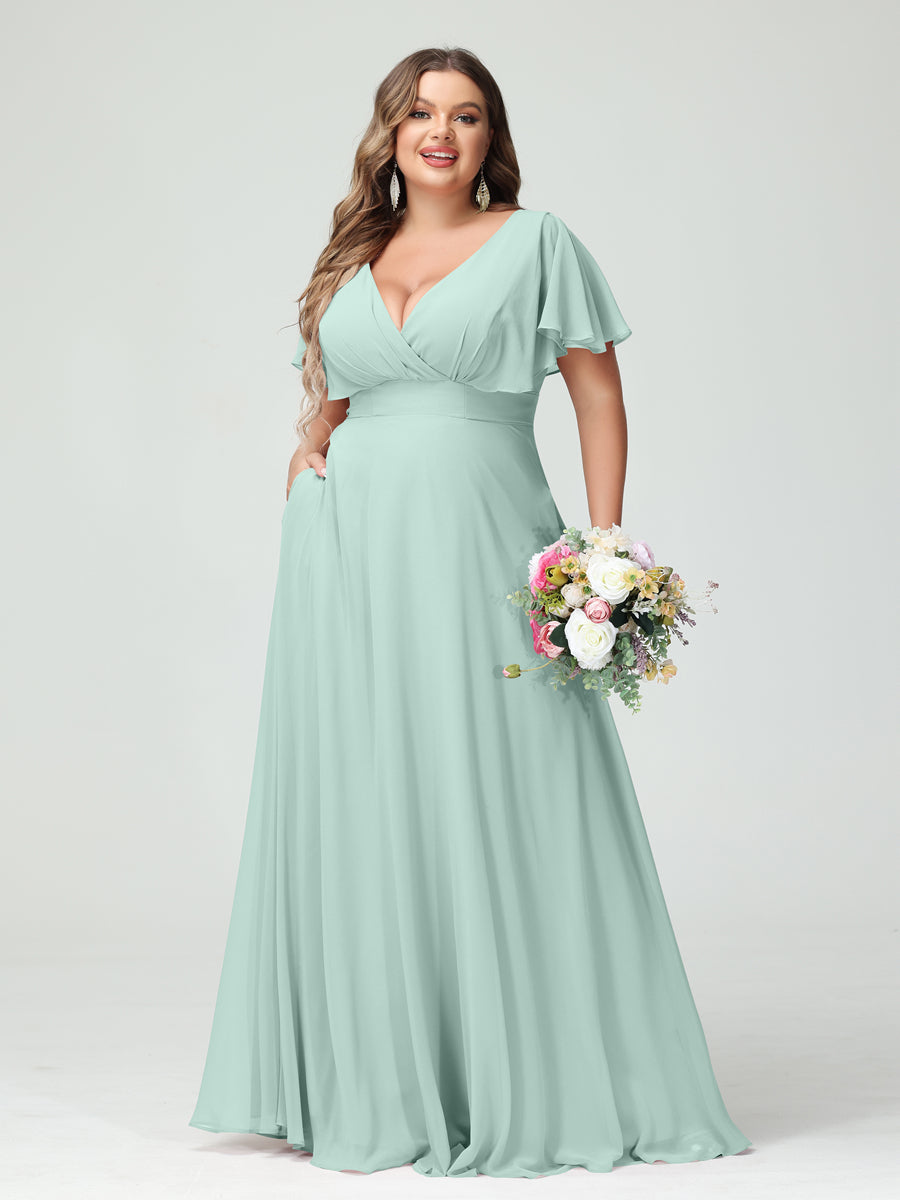 A-Line/Princess V-Neck Short Sleeves Chiffon Plus Size Bridesmaid Dresses with Pockets - Image 60