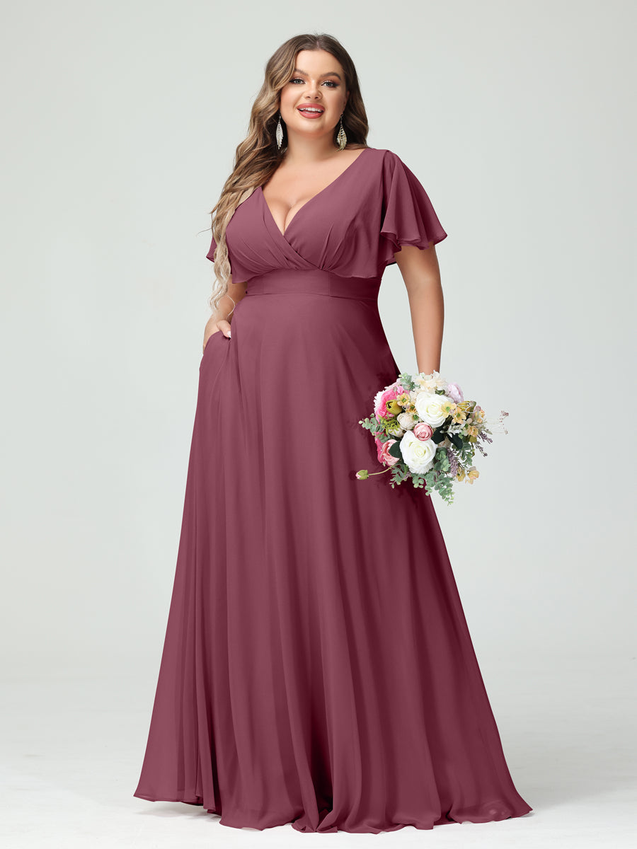 A-Line/Princess V-Neck Short Sleeves Chiffon Plus Size Bridesmaid Dresses with Pockets - Image 43