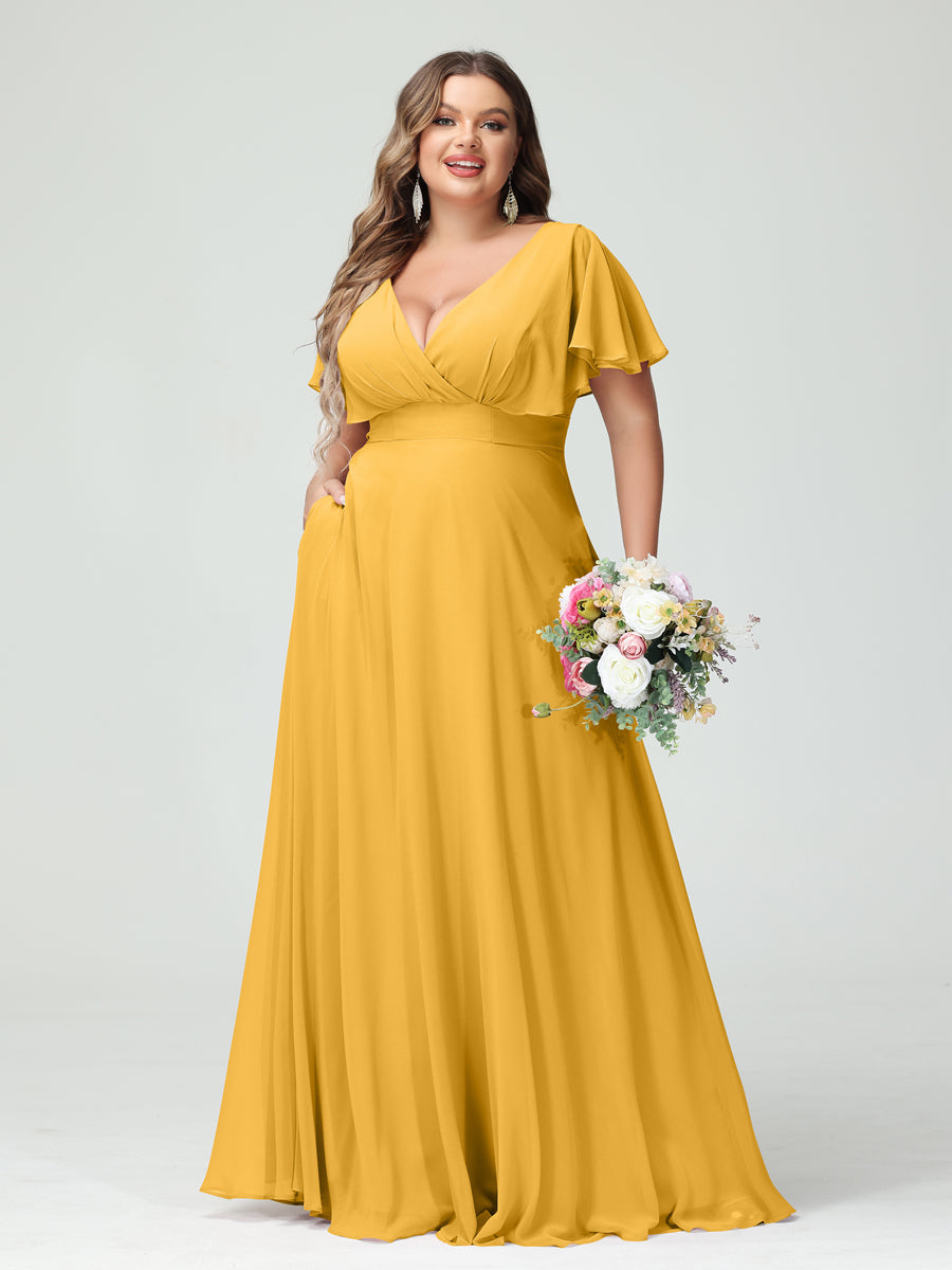 A-Line/Princess V-Neck Short Sleeves Chiffon Plus Size Bridesmaid Dresses with Pockets - Image 70