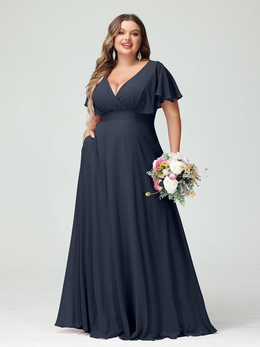 A-Line/Princess V-Neck Short Sleeves Chiffon Plus Size Bridesmaid Dresses with Pockets - Image 59