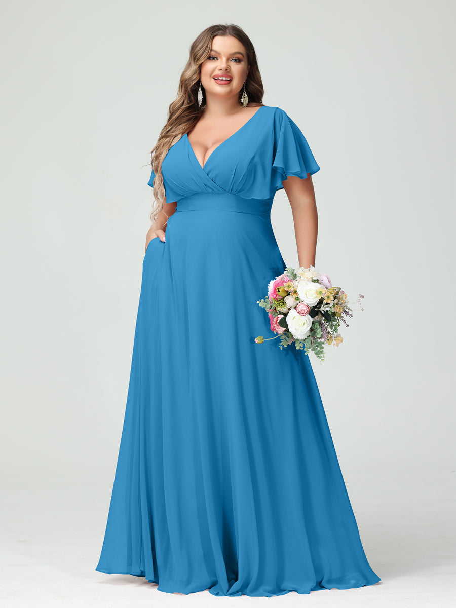 A-Line/Princess V-Neck Short Sleeves Chiffon Plus Size Bridesmaid Dresses with Pockets - Image 53