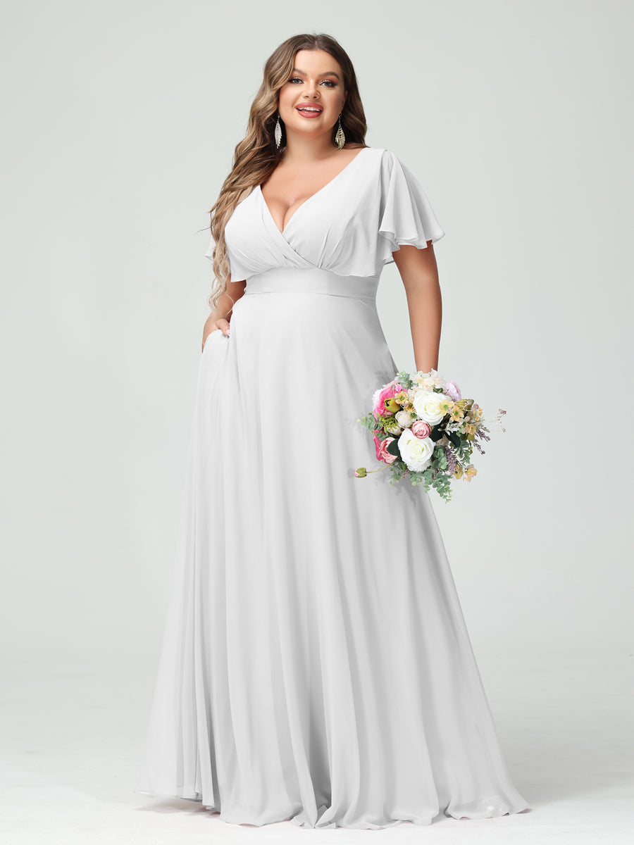 A-Line/Princess V-Neck Short Sleeves Chiffon Plus Size Bridesmaid Dresses with Pockets - Image 20
