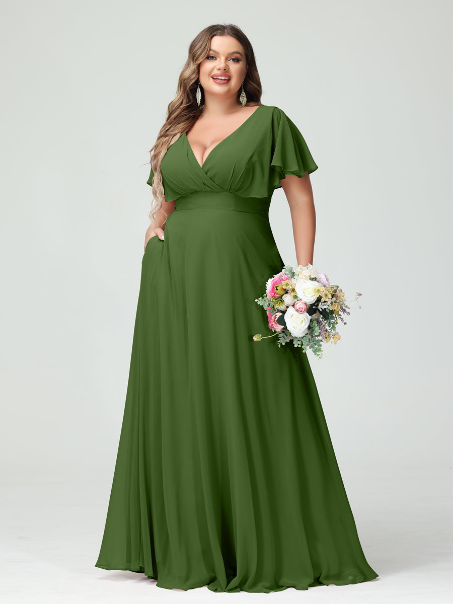 A-Line/Princess V-Neck Short Sleeves Chiffon Plus Size Bridesmaid Dresses with Pockets - Image 65