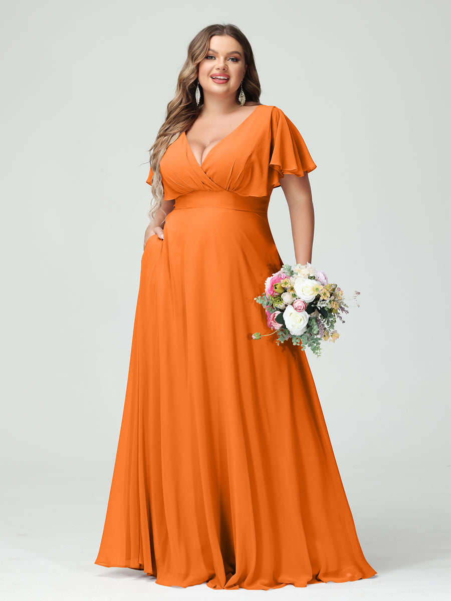 A-Line/Princess V-Neck Short Sleeves Chiffon Plus Size Bridesmaid Dresses with Pockets - Image 72
