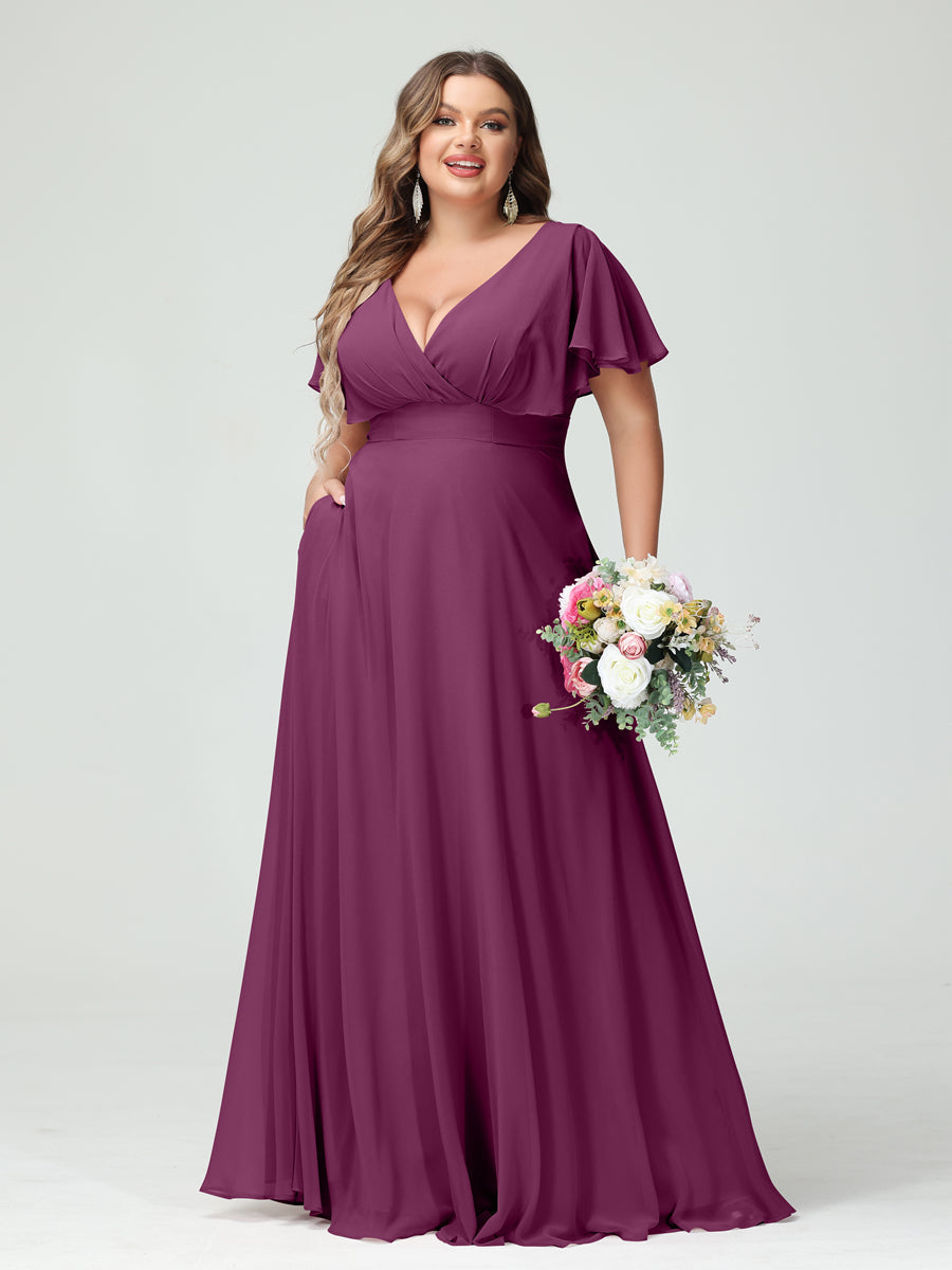 A-Line/Princess V-Neck Short Sleeves Chiffon Plus Size Bridesmaid Dresses with Pockets - Image 44