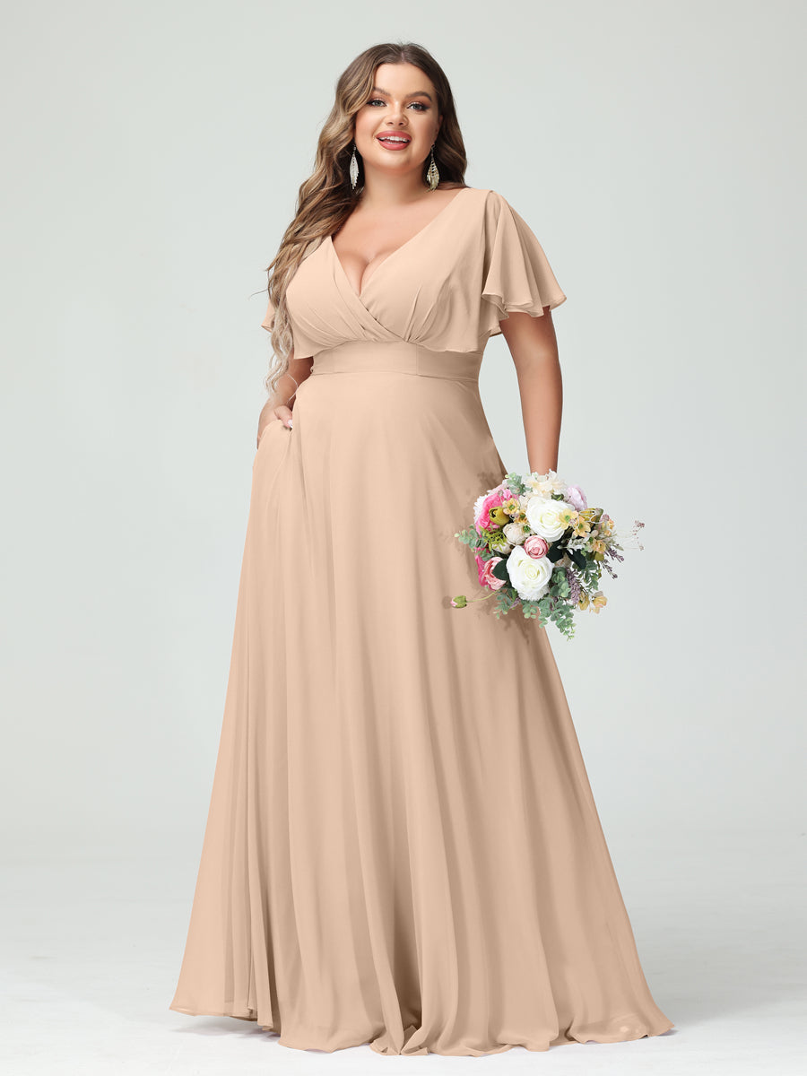 A-Line/Princess V-Neck Short Sleeves Chiffon Plus Size Bridesmaid Dresses with Pockets - Image 29