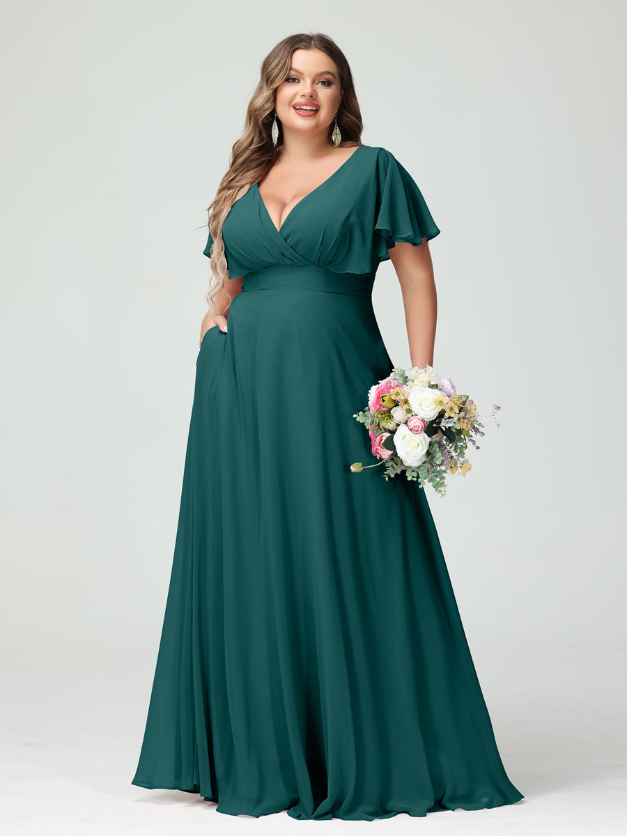 A-Line/Princess V-Neck Short Sleeves Chiffon Plus Size Bridesmaid Dresses with Pockets - Image 66