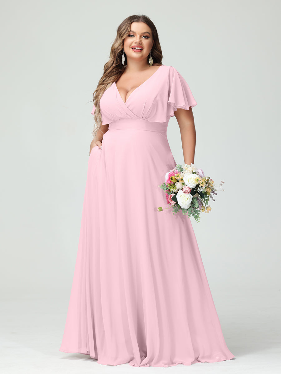 A-Line/Princess V-Neck Short Sleeves Chiffon Plus Size Bridesmaid Dresses with Pockets - Image 25