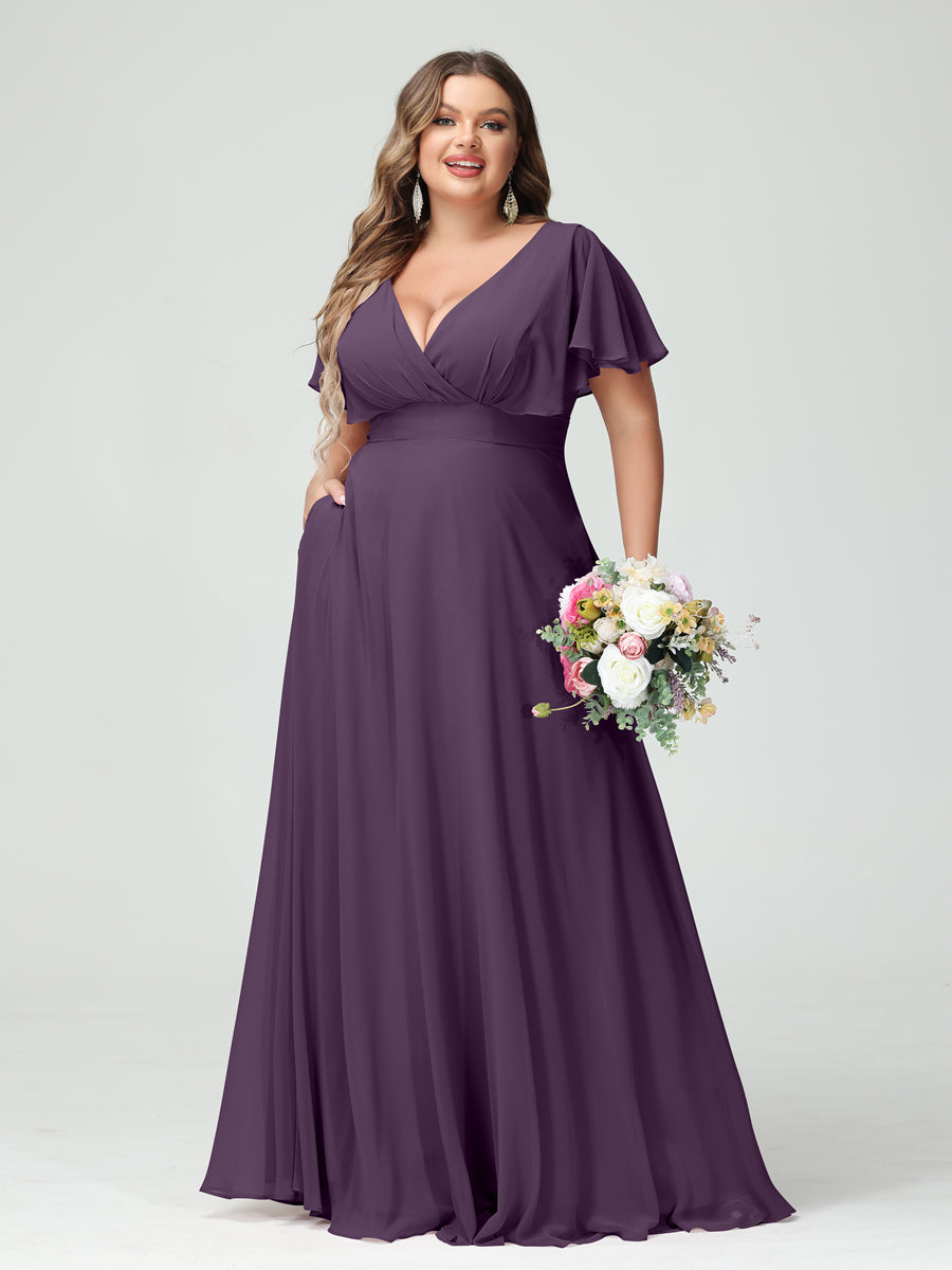 A-Line/Princess V-Neck Short Sleeves Chiffon Plus Size Bridesmaid Dresses with Pockets - Image 46