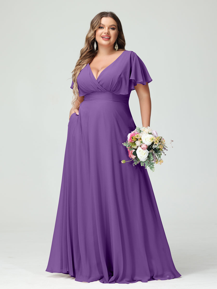 A-Line/Princess V-Neck Short Sleeves Chiffon Plus Size Bridesmaid Dresses with Pockets - Image 42
