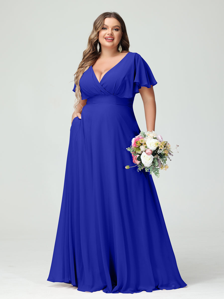 A-Line/Princess V-Neck Short Sleeves Chiffon Plus Size Bridesmaid Dresses with Pockets - Image 55