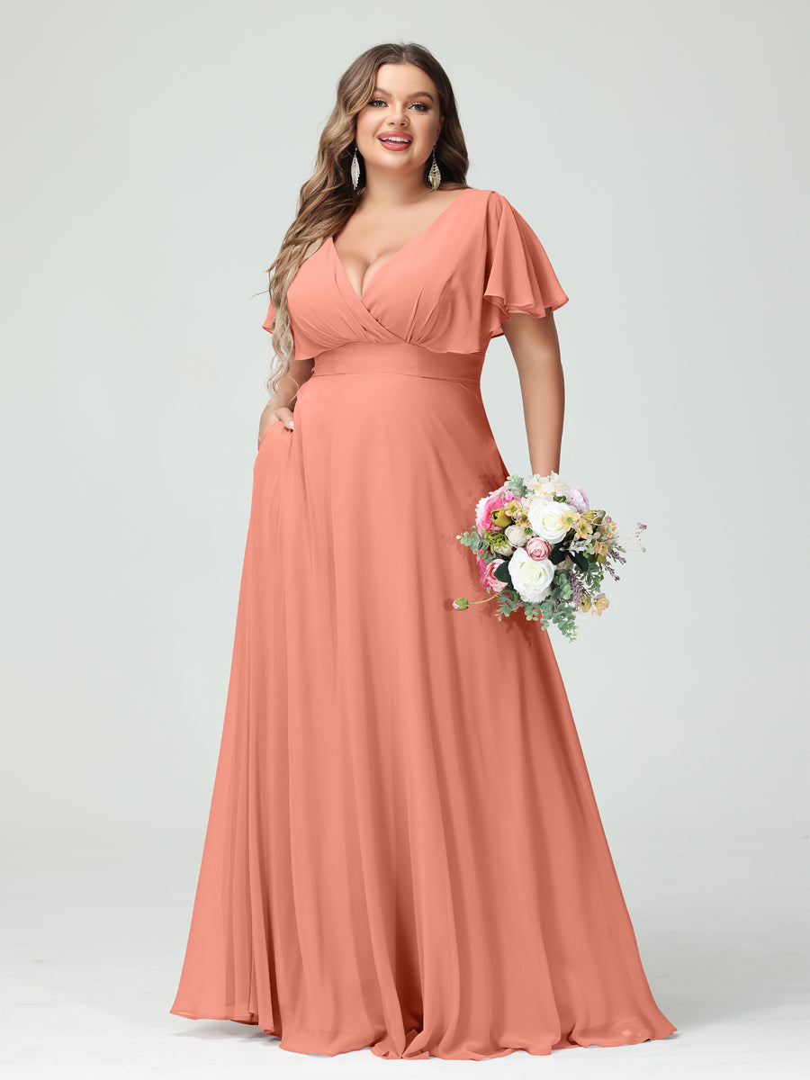 A-Line/Princess V-Neck Short Sleeves Chiffon Plus Size Bridesmaid Dresses with Pockets - Image 15