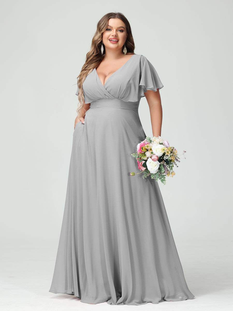 A-Line/Princess V-Neck Short Sleeves Chiffon Plus Size Bridesmaid Dresses with Pockets - Image 22