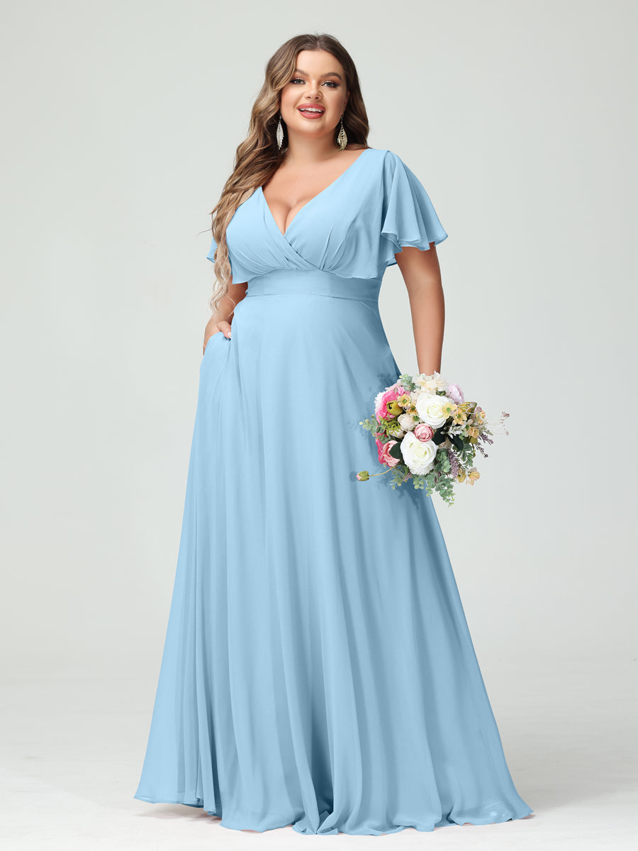 A-Line/Princess V-Neck Short Sleeves Chiffon Plus Size Bridesmaid Dresses with Pockets - Image 50