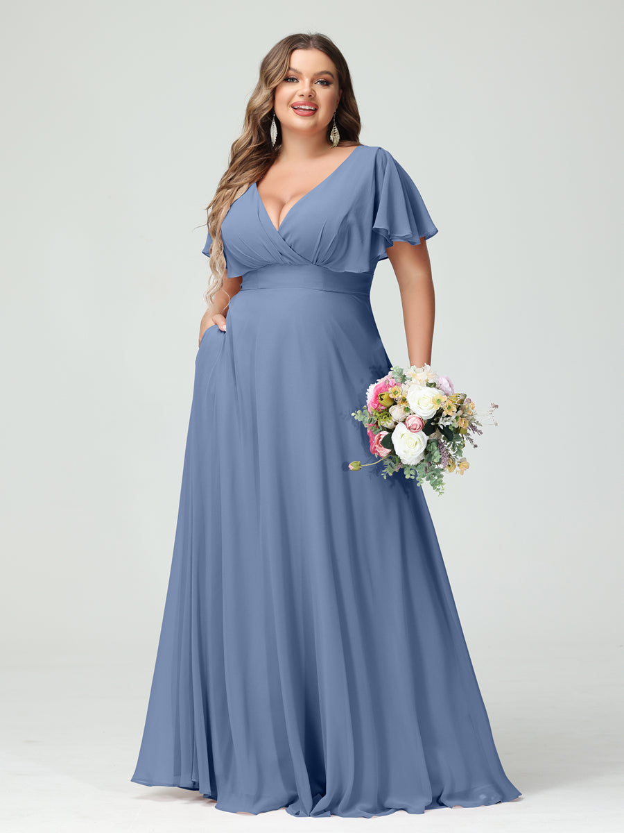 A-Line/Princess V-Neck Short Sleeves Chiffon Plus Size Bridesmaid Dresses with Pockets - Image 51