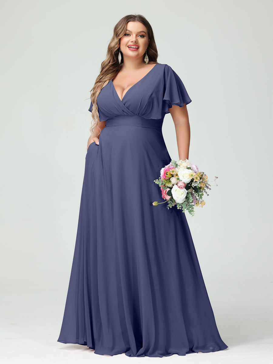 A-Line/Princess V-Neck Short Sleeves Chiffon Plus Size Bridesmaid Dresses with Pockets - Image 57