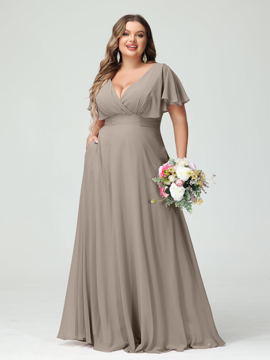 A-Line/Princess V-Neck Short Sleeves Chiffon Plus Size Bridesmaid Dresses with Pockets - Image 73
