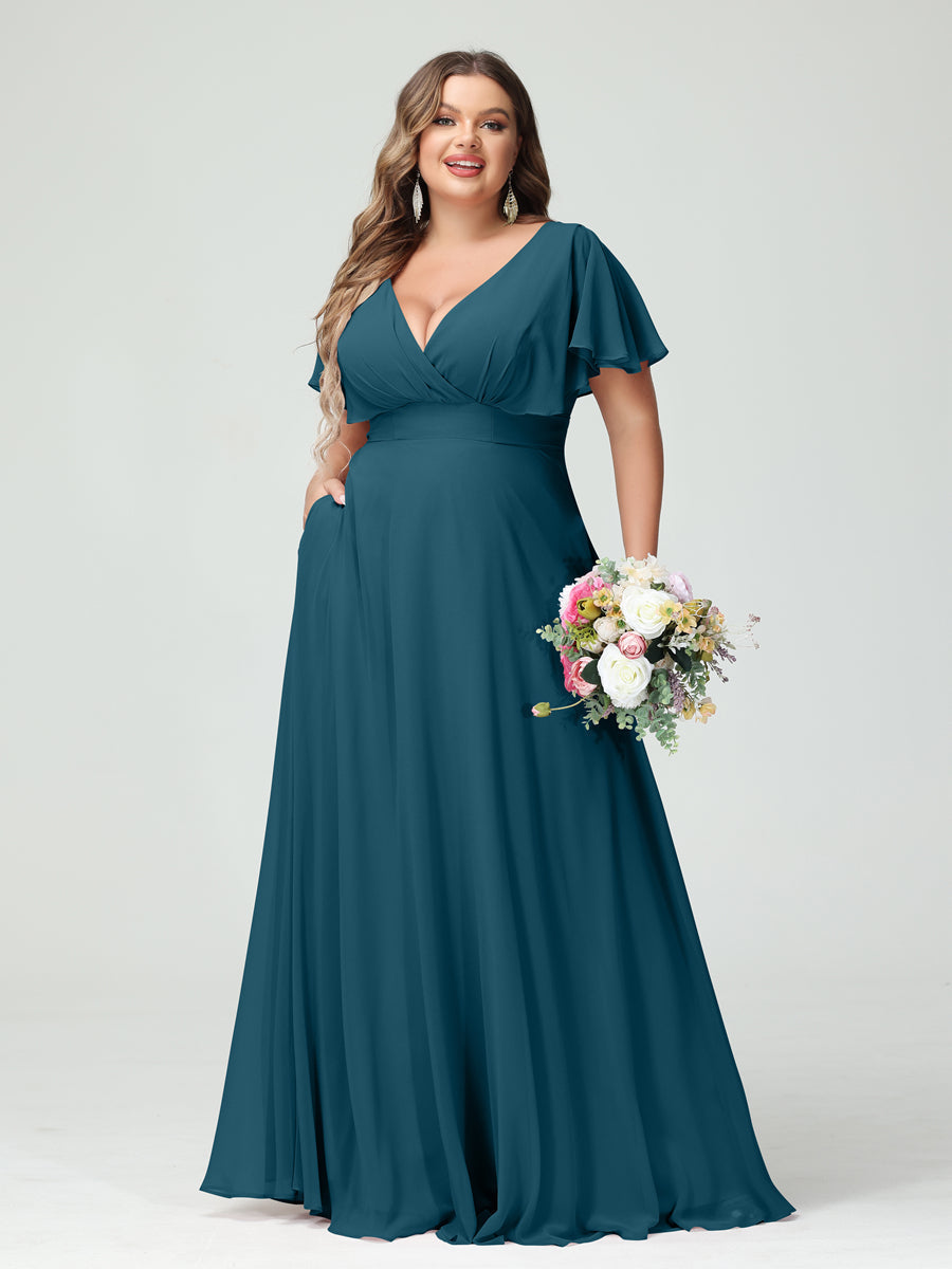 A-Line/Princess V-Neck Short Sleeves Chiffon Plus Size Bridesmaid Dresses with Pockets - Image 58