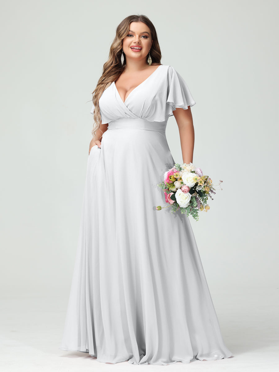 A-Line/Princess V-Neck Short Sleeves Chiffon Plus Size Bridesmaid Dresses with Pockets - Image 19